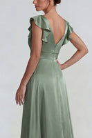 Load image into Gallery viewer, Dusty Sage Ruffled V Neck A Line Long Satin Formal Dress