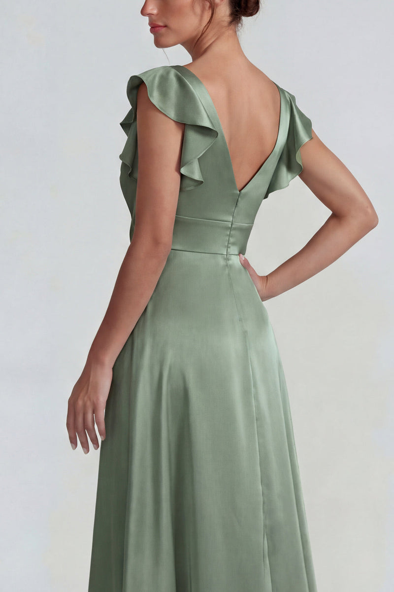 Load image into Gallery viewer, Dusty Sage Ruffled V Neck A Line Long Satin Formal Dress