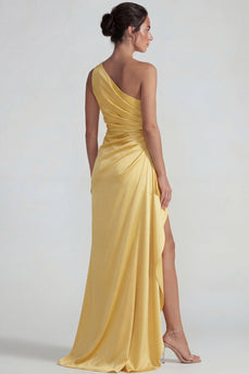 Sheath Yellow Ruffled One Shoulder Long Formal Dress with Slit