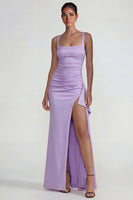 Load image into Gallery viewer, Lilac Sheath Satin Square Neck Long Formal Dress with Slit