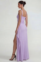 Load image into Gallery viewer, Lilac Sheath Satin Square Neck Long Formal Dress with Slit