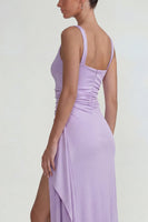 Load image into Gallery viewer, Lilac Sheath Satin Square Neck Long Formal Dress with Slit
