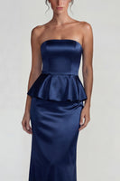 Load image into Gallery viewer, Navy Mermaid Strapless Long Satin Formal Dress with Ruffles