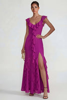 Load image into Gallery viewer, Dark Purple Ruffled Mermaid Long Formal Dress with Slit