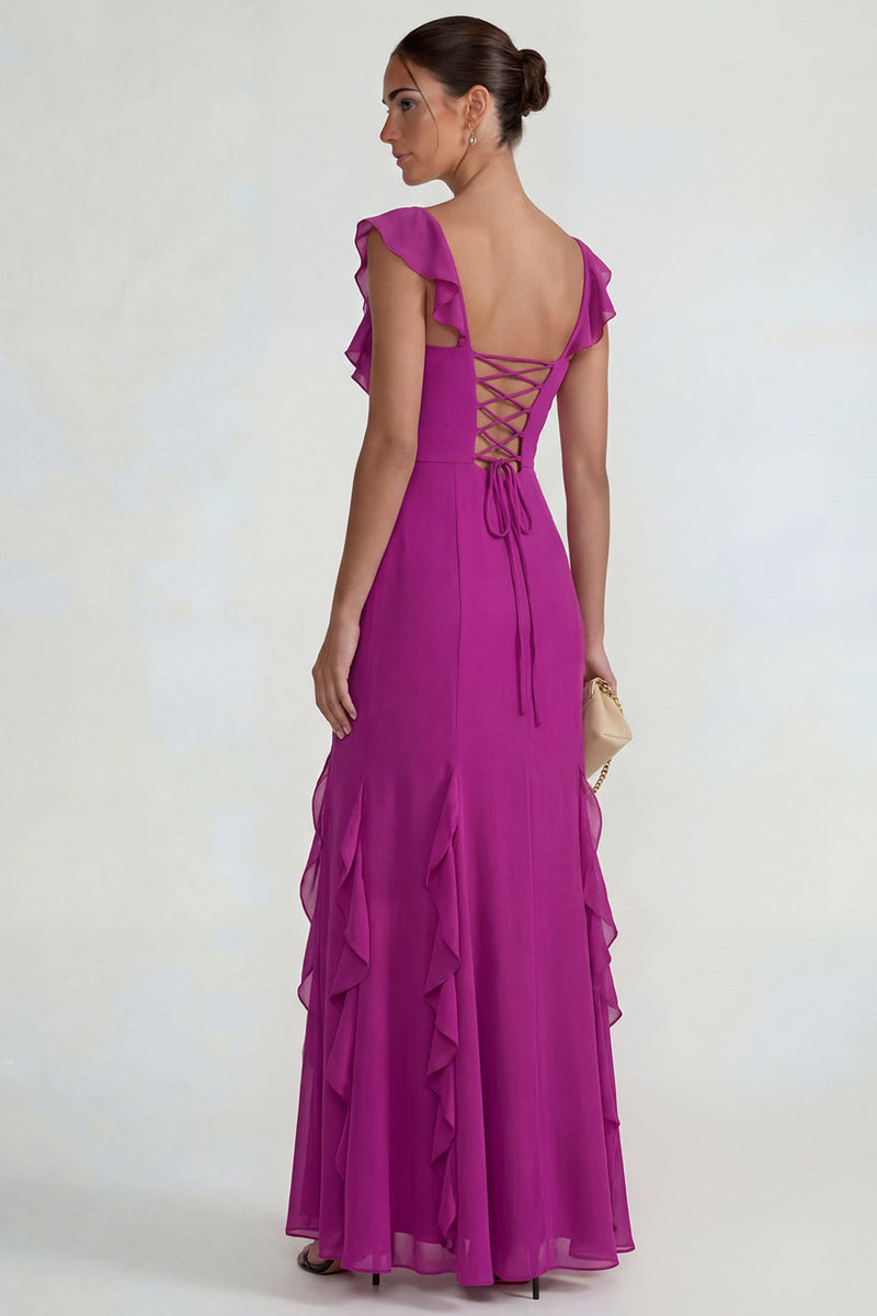 Load image into Gallery viewer, Dark Purple Ruffled Mermaid Long Formal Dress with Slit