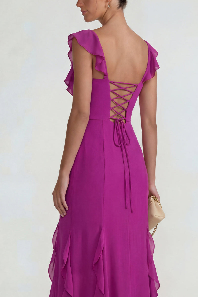 Load image into Gallery viewer, Dark Purple Ruffled Mermaid Long Formal Dress with Slit