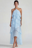 Load image into Gallery viewer, Blue A Line Halter Tiered Long Formal Dress with Ruffles
