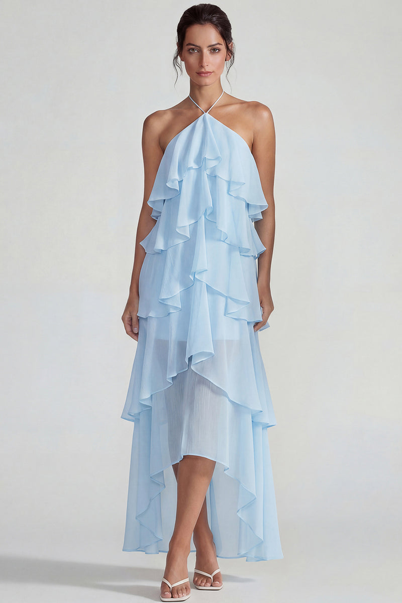 Load image into Gallery viewer, Blue A Line Halter Tiered Long Formal Dress with Ruffles