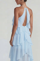 Load image into Gallery viewer, Blue A Line Halter Tiered Long Formal Dress with Ruffles