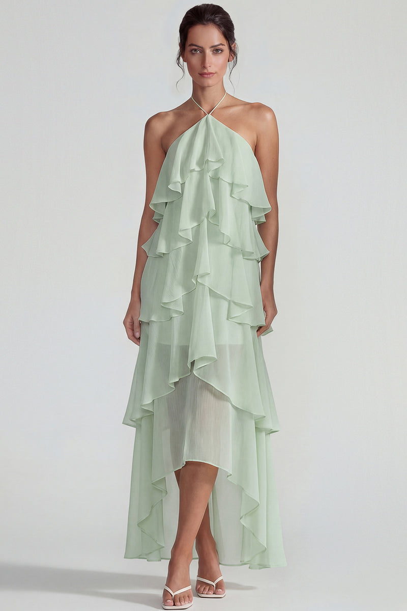 Load image into Gallery viewer, Blue A Line Halter Tiered Long Formal Dress with Ruffles