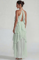 Load image into Gallery viewer, Blue A Line Halter Tiered Long Formal Dress with Ruffles