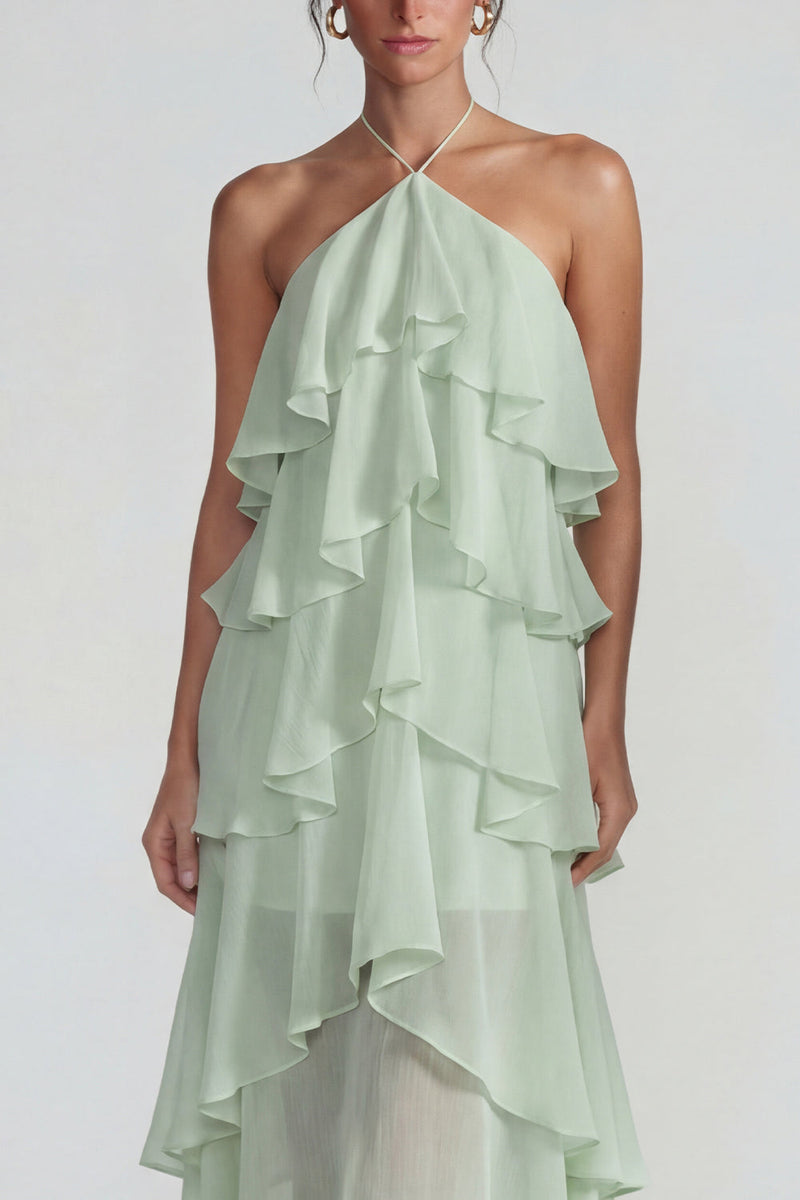 Load image into Gallery viewer, Blue A Line Halter Tiered Long Formal Dress with Ruffles