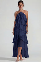 Load image into Gallery viewer, Blue A Line Halter Tiered Long Formal Dress with Ruffles