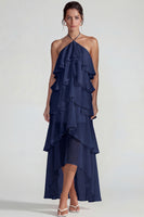 Load image into Gallery viewer, Blue A Line Halter Tiered Long Formal Dress with Ruffles