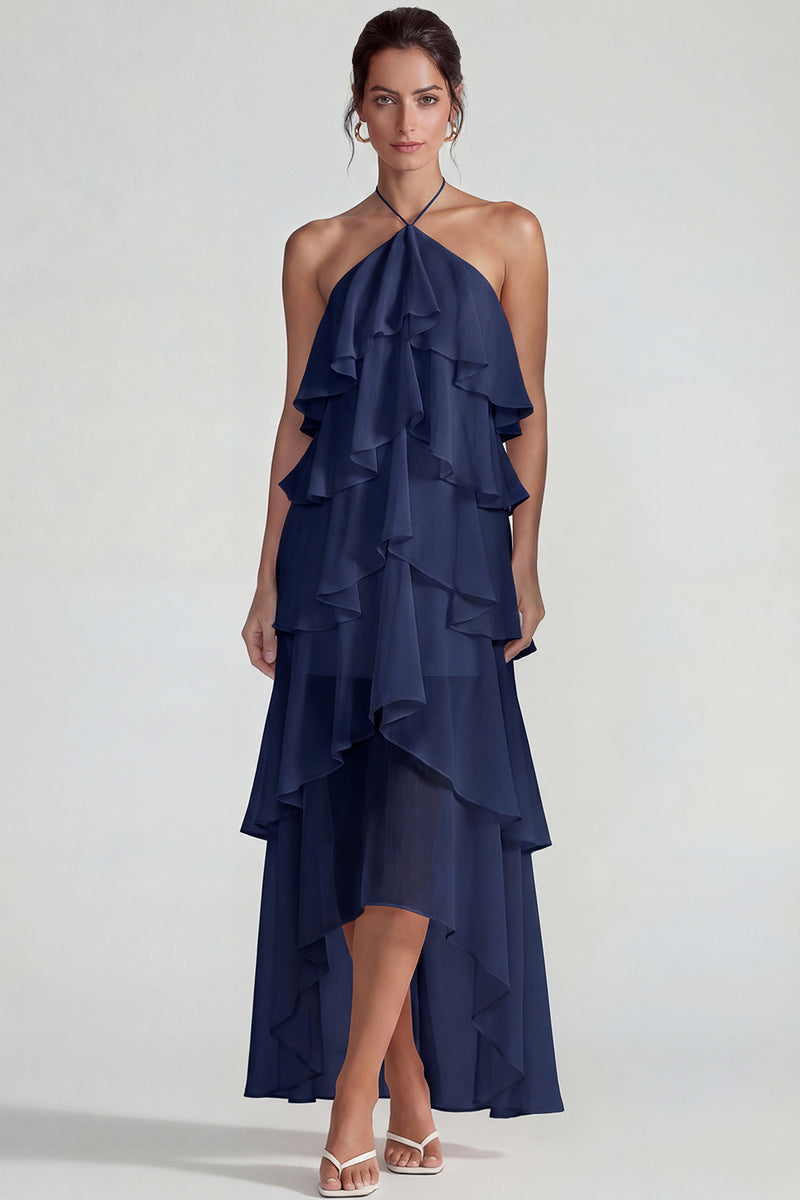Load image into Gallery viewer, Blue A Line Halter Tiered Long Formal Dress with Ruffles