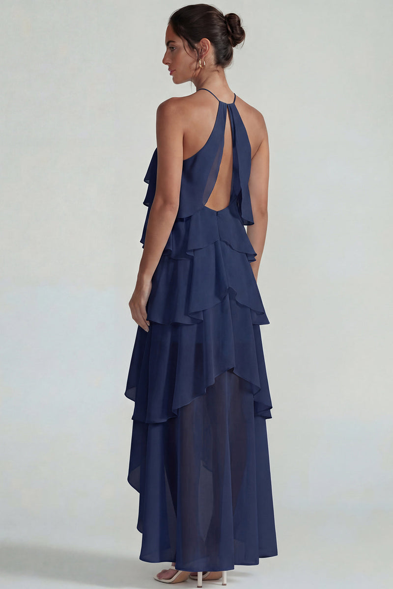 Load image into Gallery viewer, Blue A Line Halter Tiered Long Formal Dress with Ruffles