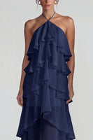 Load image into Gallery viewer, Blue A Line Halter Tiered Long Formal Dress with Ruffles