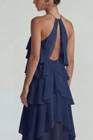 Load image into Gallery viewer, Blue A Line Halter Tiered Long Formal Dress with Ruffles
