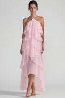 Load image into Gallery viewer, Blue A Line Halter Tiered Long Formal Dress with Ruffles