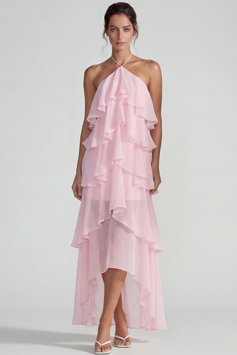 Load image into Gallery viewer, Blue A Line Halter Tiered Long Formal Dress with Ruffles