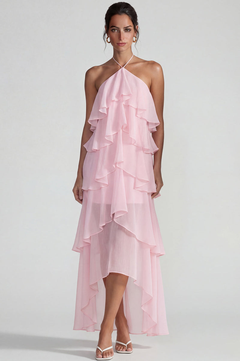 Load image into Gallery viewer, Blue A Line Halter Tiered Long Formal Dress with Ruffles