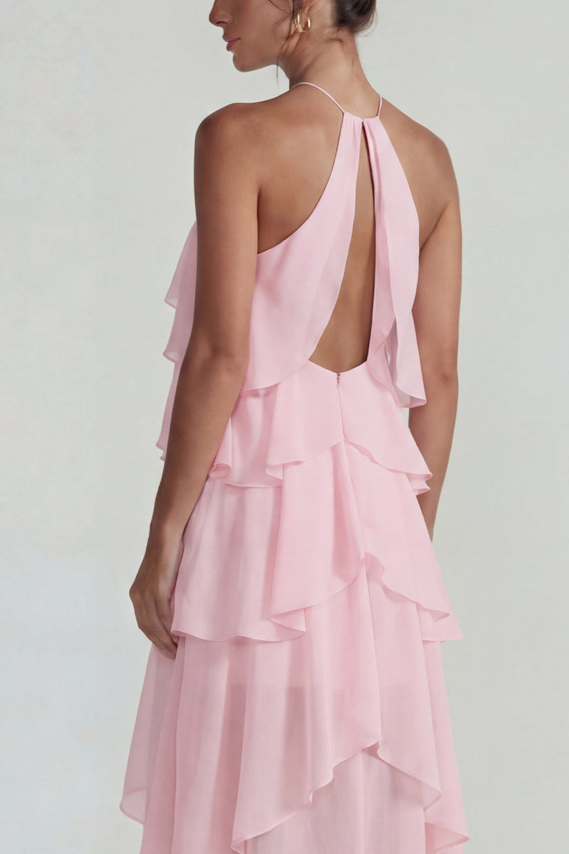 Load image into Gallery viewer, Blue A Line Halter Tiered Long Formal Dress with Ruffles