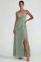 Load image into Gallery viewer, Dusty Sage Chiffon Spaghetti Straps Ruffled Long A Line Formal Dress with Slit