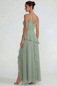 Dusty Sage Chiffon Spaghetti Straps Ruffled Long A Line Formal Dress with Slit