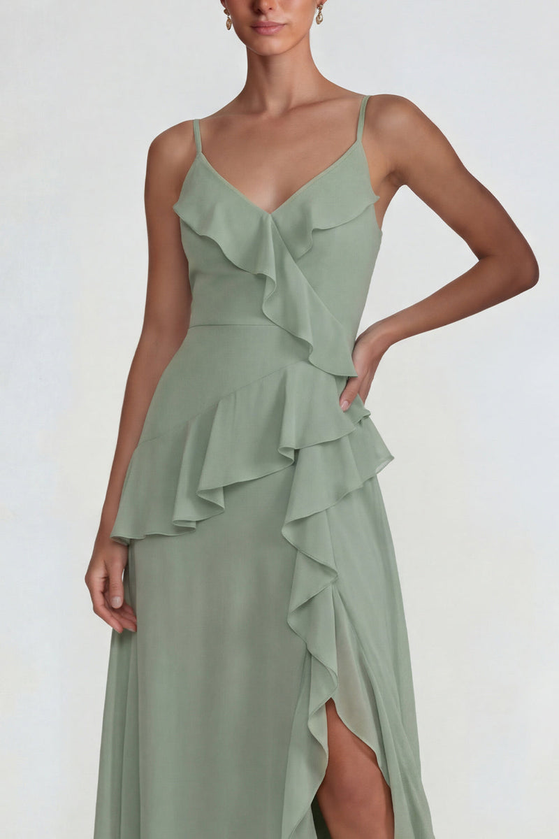 Load image into Gallery viewer, Dusty Sage Chiffon Spaghetti Straps Ruffled Long A Line Formal Dress with Slit