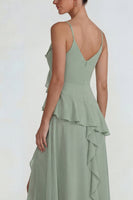 Load image into Gallery viewer, Dusty Sage Chiffon Spaghetti Straps Ruffled Long A Line Formal Dress with Slit