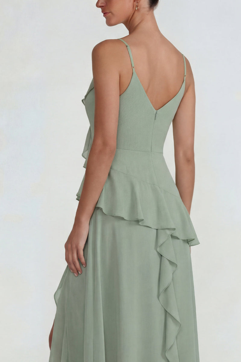 Load image into Gallery viewer, Dusty Sage Chiffon Spaghetti Straps Ruffled Long A Line Formal Dress with Slit
