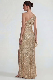 Sparkly Golden Sequins One Shoulder Long Mermaid Formal Dress