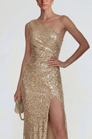 Load image into Gallery viewer, Sparkly Golden Sequins One Shoulder Long Mermaid Formal Dress