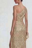 Load image into Gallery viewer, Sparkly Golden Sequins One Shoulder Long Mermaid Formal Dress