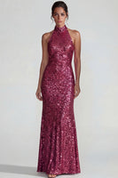 Load image into Gallery viewer, Sparkly Fuchsia High Neck Mermaid Sequins Long Formal Dress
