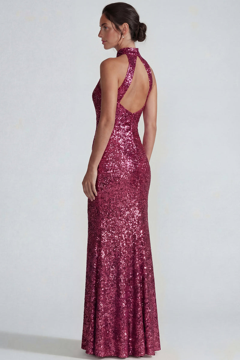 Load image into Gallery viewer, Sparkly Fuchsia High Neck Mermaid Sequins Long Formal Dress