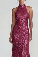Load image into Gallery viewer, Sparkly Fuchsia High Neck Mermaid Sequins Long Formal Dress
