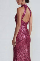 Load image into Gallery viewer, Sparkly Fuchsia High Neck Mermaid Sequins Long Formal Dress
