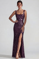 Load image into Gallery viewer, Dark Purple Sparkly Square Neck Sequin Mermaid Long Formal Dress with Slit