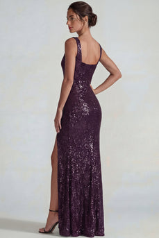 Dark Purple Sparkly Square Neck Sequin Mermaid Long Formal Dress with Slit