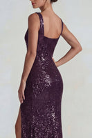Load image into Gallery viewer, Dark Purple Sparkly Square Neck Sequin Mermaid Long Formal Dress with Slit