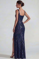 Load image into Gallery viewer, Dark Purple Sparkly Square Neck Sequin Mermaid Long Formal Dress with Slit