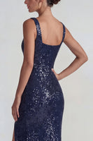 Load image into Gallery viewer, Dark Purple Sparkly Square Neck Sequin Mermaid Long Formal Dress with Slit