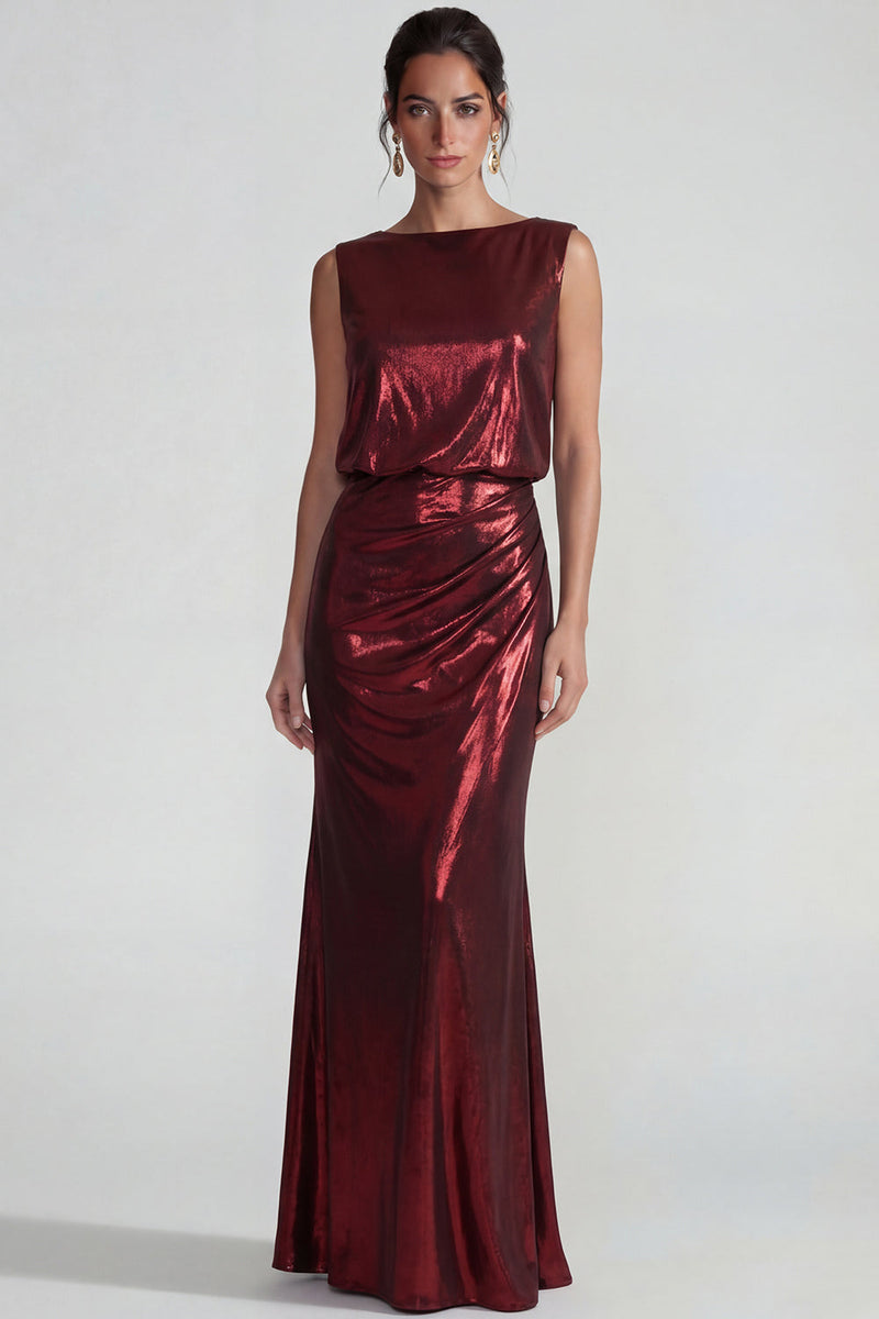 Load image into Gallery viewer, Burgundy Metallic Bateau Neck Long Mermaid Formal Dress