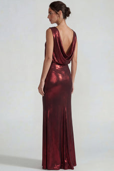 Burgundy Metallic Bateau Neck Long Mermaid Formal Dress