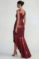 Load image into Gallery viewer, Burgundy Mermaid V Neck Metallic Ruffled Long Formal Dress with Slit
