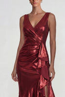 Load image into Gallery viewer, Burgundy Mermaid V Neck Metallic Ruffled Long Formal Dress with Slit
