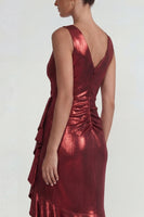 Load image into Gallery viewer, Burgundy Mermaid V Neck Metallic Ruffled Long Formal Dress with Slit