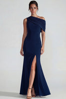 Load image into Gallery viewer, Navy One Shoulder Mermaid Formal Dress with Slit