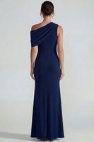 Load image into Gallery viewer, Navy One Shoulder Mermaid Formal Dress with Slit